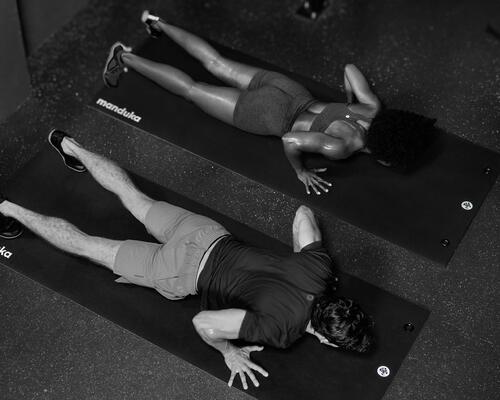Manduka's P/ROX mat provides generous space and superior cushioning for high-intensity workouts
