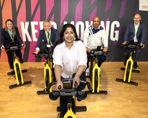 In the Spin Studio: Cllr Sheikh (foreground) rear (left to right) Hannah Gilmour, GLL partnership manager Lewisham; Phil Donnay, CEO designate, GLL; Forest Hill ward councillor Peter Bernards; Justin Jardine, chief officer, corporate development, GLL. / GLL