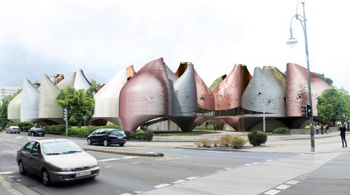 The conjoined pods create walkways beneath and between their curved shapes / Young & Ayata
