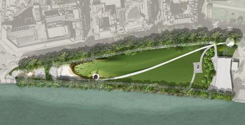 A visitor approaching the Memorial would see a subtle grass landform with only the tips of the Memorial’s fins 'bristling in the distance' / Adjaye Associates and Ron Arad Architects