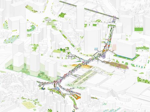 Additional structures of stairs, lifts and escalators as well as new ‘satellite’ gardens can connect to the Skygarden, according to MVRDV / MVRDV