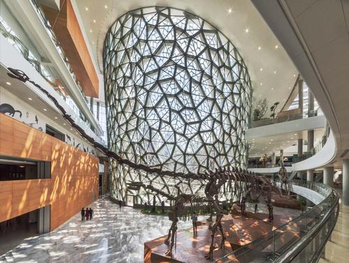 The interior lattice spreads light mimicking the shape and organisation of living cells / Perkins + Wills