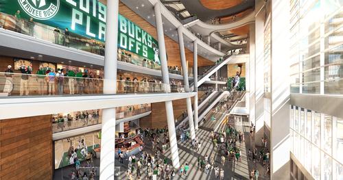 The glass-walled atrium will link the arena to the city's new entertainment district / Milwaukee Bucks