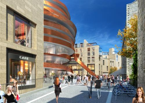 Jestico & Whiles’ luxury hotel of ‘coiled ribbons’ forms the centrepiece of the development / Edinburgh St. James and Jestico + Whiles