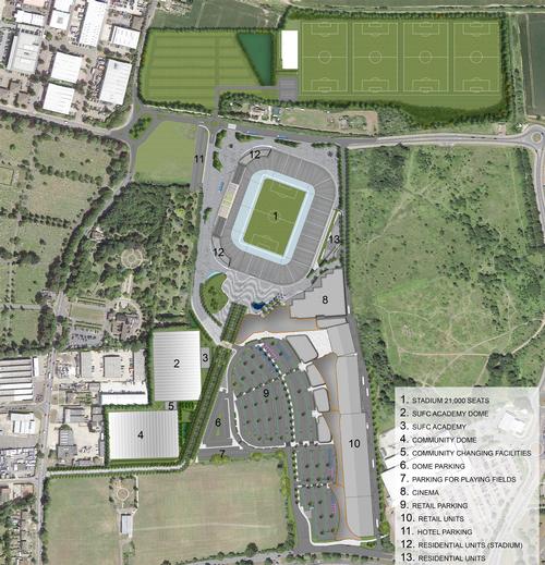 The plans include a 21,000-capacity stadium and a retail development with 12-screen cinema