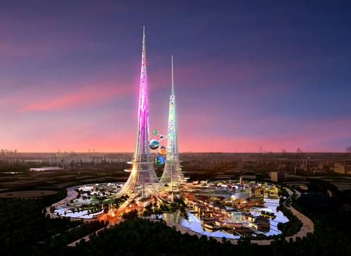 The Phoenix Towers will be linked by 'Skywalks' with celestial themed floating restaurants. / Chetwoods Architects 