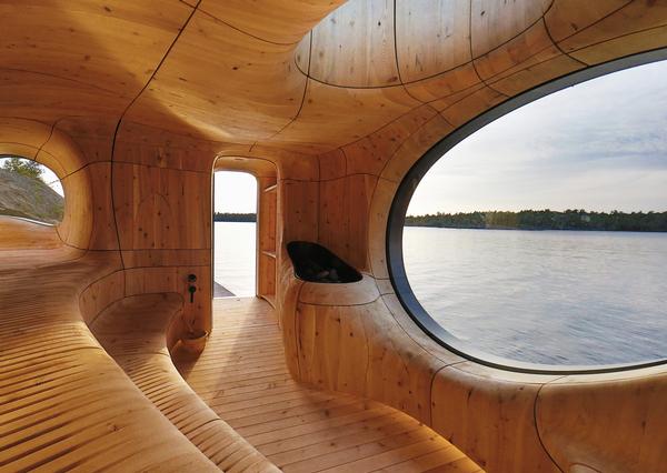 The curved interior was inspired by natural grotto walls, which are worn smooth by the water