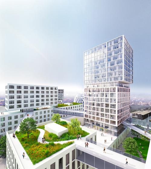 The light façade cladding gives the ensemble a coherent appearance, while allowing each single building to have its own identity / MVRDV