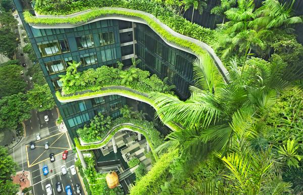 A view of Parkroyal on Pickering in Singapore, designed by WOHA to have 15,000sqm of greenery – double the area of the site