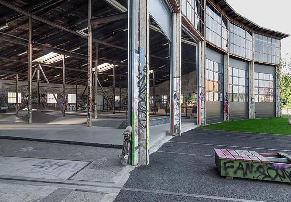 The former train shed has been repurposed and is now home to facilites for skateboarding, football, parkour and basketball