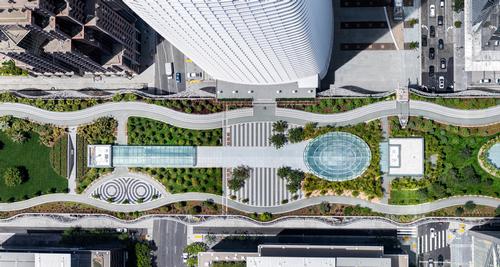 An aerial view of the 5.4-acre rooftop park / Steelblue