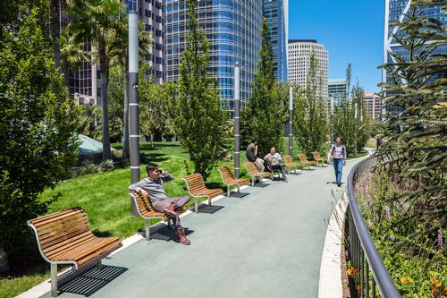 Designed by landscape architect Peter Walker, the public park features many planted and paved spaces / Steelblue