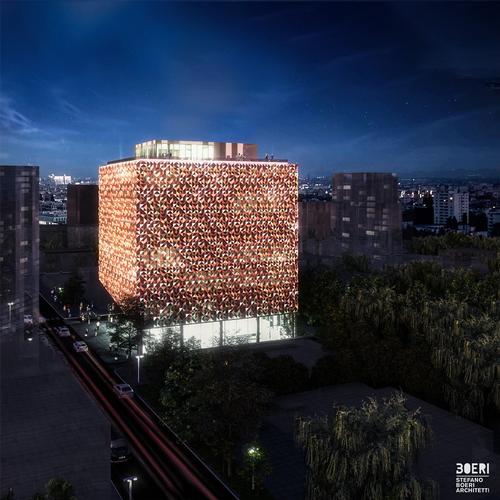 Blloku Cube as it would appear at night / courtesy of Stefano Boeri Architetti