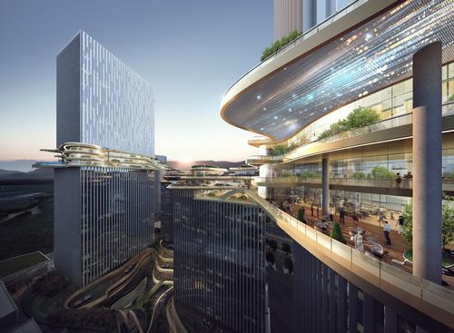 An image displaying the skybridge's recreational facilities and office spaces / courtesy of Aedas