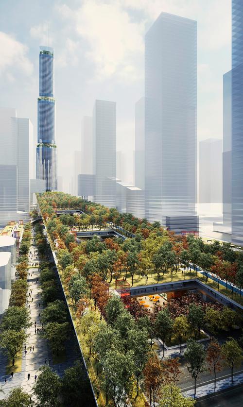 The garden will link the city to the Qianhai Bay. / Courtesy of Rogers Stirk Harbour + Partners