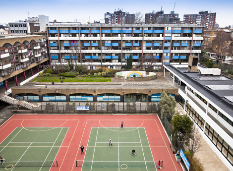 n The leisure centre is a listed building and forms an L shape around the courts, which are used for tennis, netball and children’s five-a-side