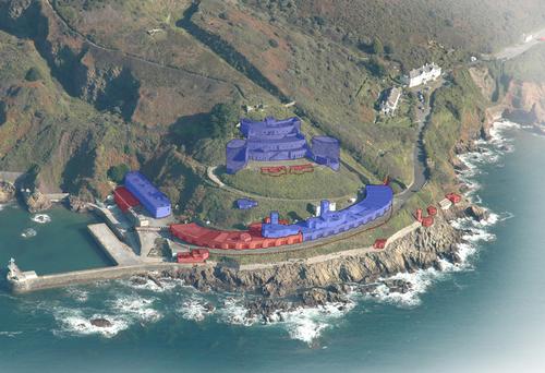 The planned development with blue representing residential areas and red representing the planned visitor attraction The planned development with blue representing residential areas and red representing the planned visitor attraction