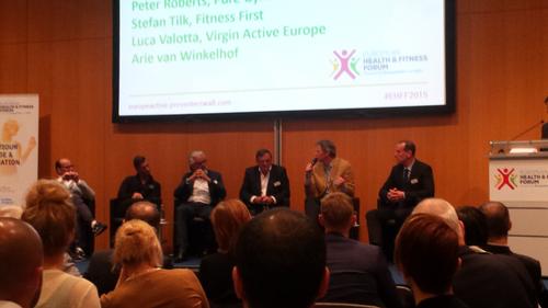 Fitness First Germany MD Stefan Tilk (far left) takes part in a panel discussion at EHFF 2015 / Jak Phillips