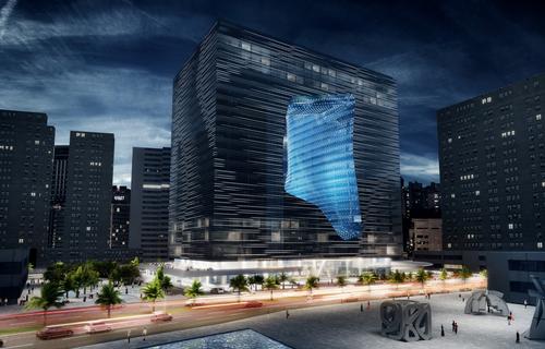 The cube shape of the hotel will have a luminous void in its centre / Zaha Hadid Architects The cube shape of the hotel will have a luminous void in its centre / Zaha Hadid Architects
