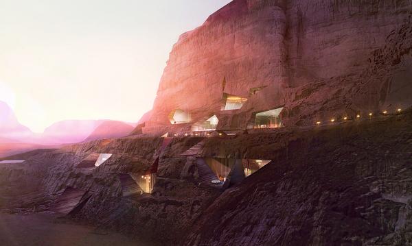 The Wadi Rum Desert Resort, Jordan, where lodge-like accommodations are carved out of the stone landscape