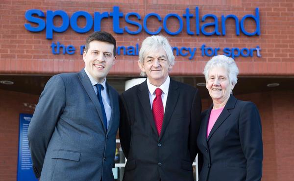 Young (centre) stands with Louise Martin (right), who served as sportscotland chair for eight years, and former Scottish sports minister Jamie Hepburn (left)