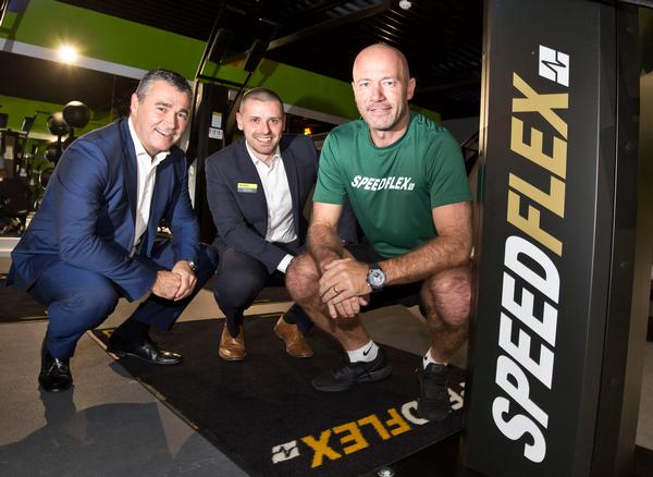 Bannatyne CEO Justin Musgrove (left) with Paul Ferris and Alan Shearer at Speedflex Mansfield