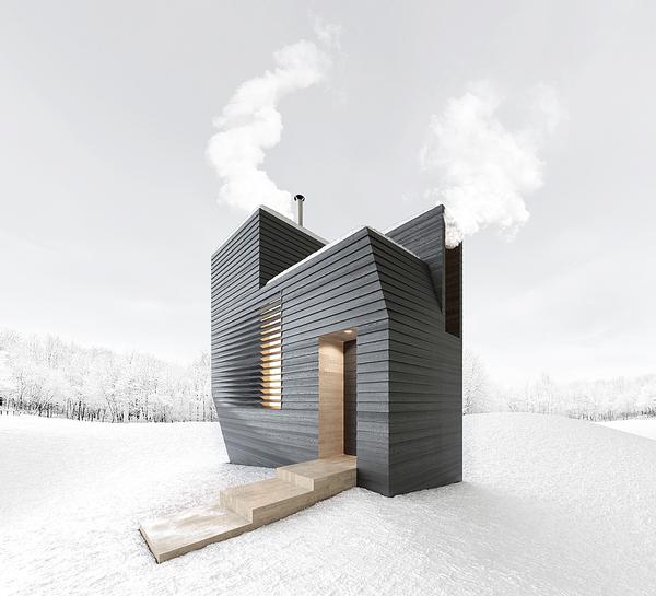 The dressing room, steam room, plunge pool and shower are nested vertically in this New England sauna