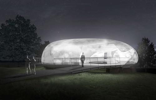 Radic's designs see a fibreglass pavilion sitting on top of large quarry stones / Smiljan Radic Studio
