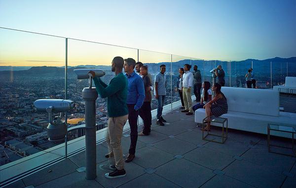 The OUE Skyspace LA provides 360-degree views of the city, as well as the glass slide. It opened in June 2016