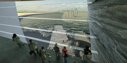 An artist's impression of the view from inside the visitor centre / Juice Architects