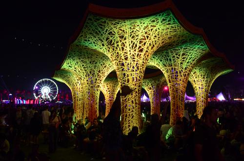 Coloured lighting illuminated Pulp Pavilion in the evenings / Jose Negrete