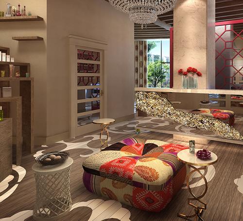 An ottoman in the spa reception area pays tribute to Parton with its mixture of fabrics and colours – a new version of ‘The Coat of Many Colors'