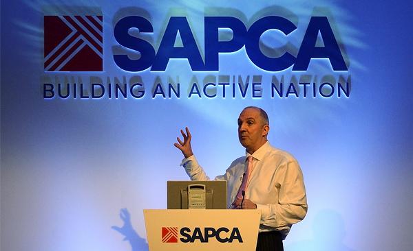 Ian Silvera from Sport England speaks at the SAPCA Conference, with its new branding