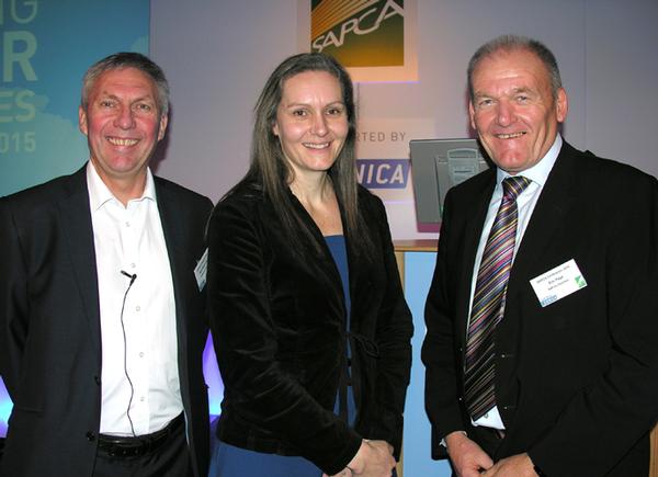 SAPCA director Dave Moorcroft and chair Eric Page with Olympic medallist Cath Bishop who gave the keynote speech