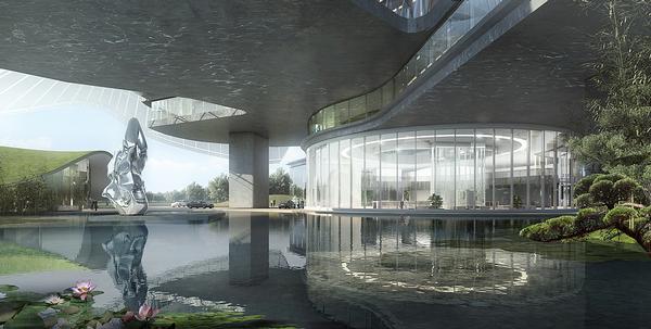 The Xinhee Design Center in Xiamen has a first floor garden with water features open to the public. This also provides ventilation for the building
