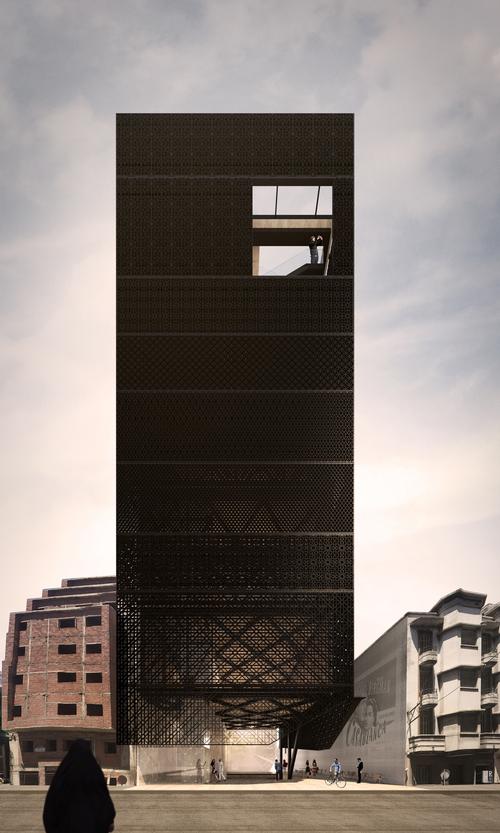 The building’s uncompromising black façade represents 'grief for the victims, cultural oppression embodied in black veils, charred earth from a bombing, and the blank canvas that is a dark cinema waiting to be illuminated by a film' / Rachel Hurst and William Song Yuan