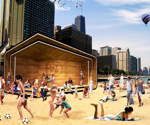 During the summer months, the kiosks become a shady respite for beachgoers, utilising the cool lake breeze from its large covered patio / Urban Therme