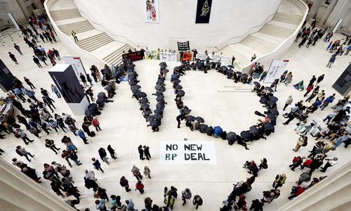 Protesters congregated in the museum’s great court to form the word 'no' in giant letters