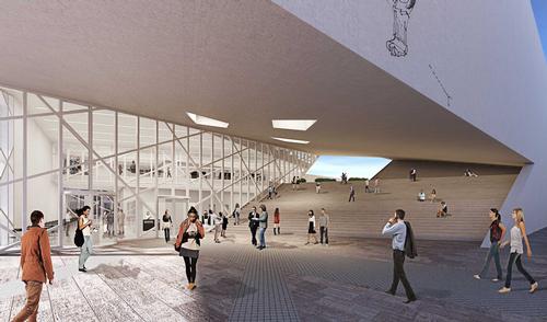 A dramatic staircase will link a new public plaza with a slanted rooftop garden / Studio Libeskind