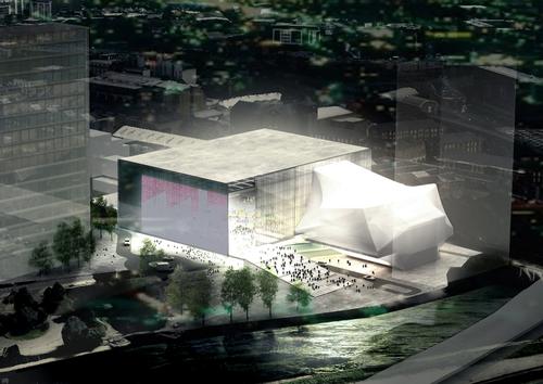 The design visualises a bold cube-shaped structure clad in glass panels / OMA