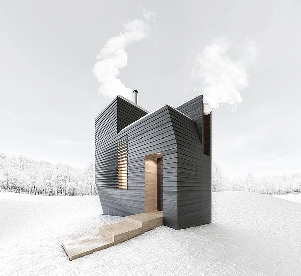 The dressing room, steamroom, plunge pool and shower are nested vertically in this New England sauna