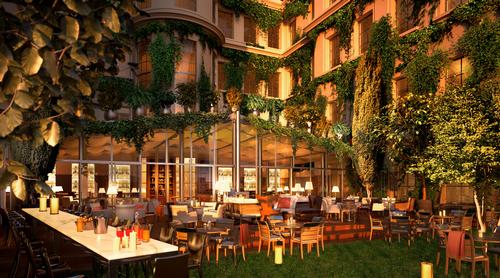 Two restaurants, including one located on a veranda overlooking the lush hotel gardens, will be complemented by a bar and a caviar lounge as part of the design / Rosewood