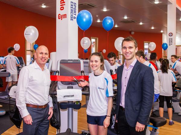 Director of sport and exercise Jim Aitken MBE, with elite student athlete Rhona Auckland and Precor’s Jonathan Griffiths