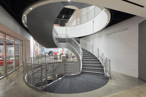 Staircases replaced escalators in the museum to save space / Petersen Automotive Museum