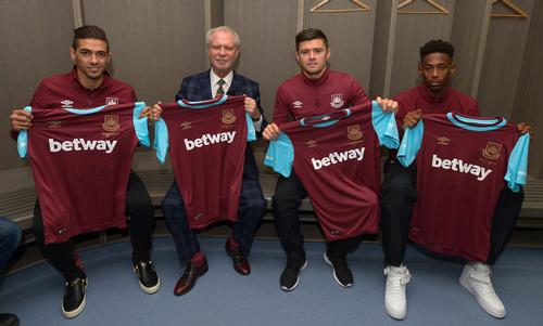 West Ham chair David Gold (second from left) unveiled the plans to honour former players with current stars Manuel Lanzini (left), Aaron Cresswell (second right) and Reece Oxford