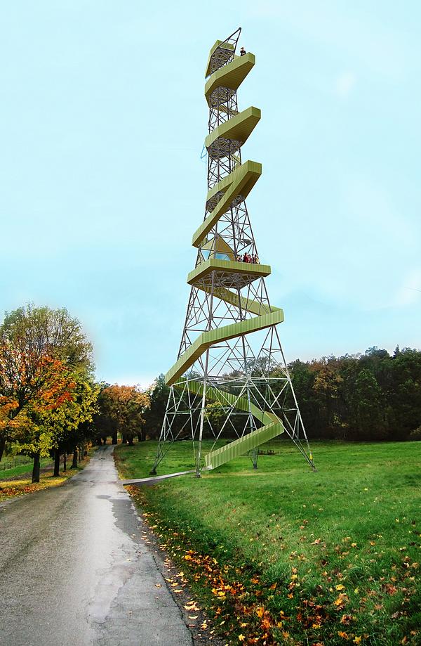 The wooden stairways and platforms have been designed as a contrast to the original metal pylon towers 