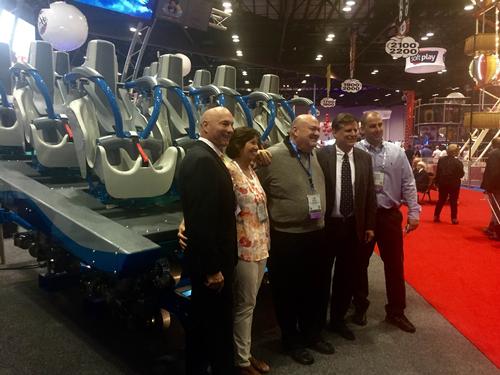 S&S' Tim Timco and Playland's Castaway Cove owner Scott Simpson unveil the Gale Force vehicle