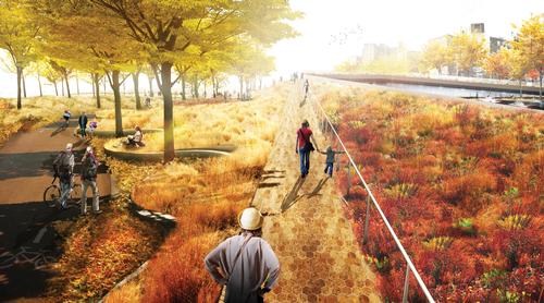 An undulating berm in East River Park will rise 15ft to provide flood protection and connect coast and community / Holcim Awards