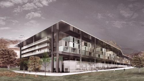The hotel’s guestrooms are contained within prefabricated boxes which sit on top of each other and are supported by a steel substructure / Emre Arolat Architecture