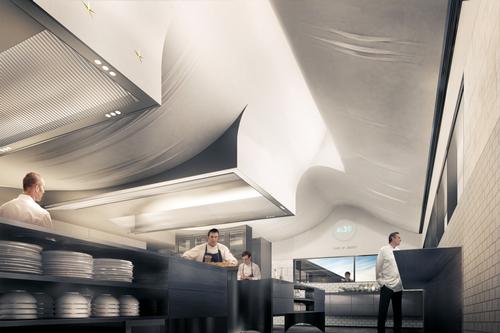 The ceiling has been designed to appear as a softly unfurling table cloth / Snøhetta